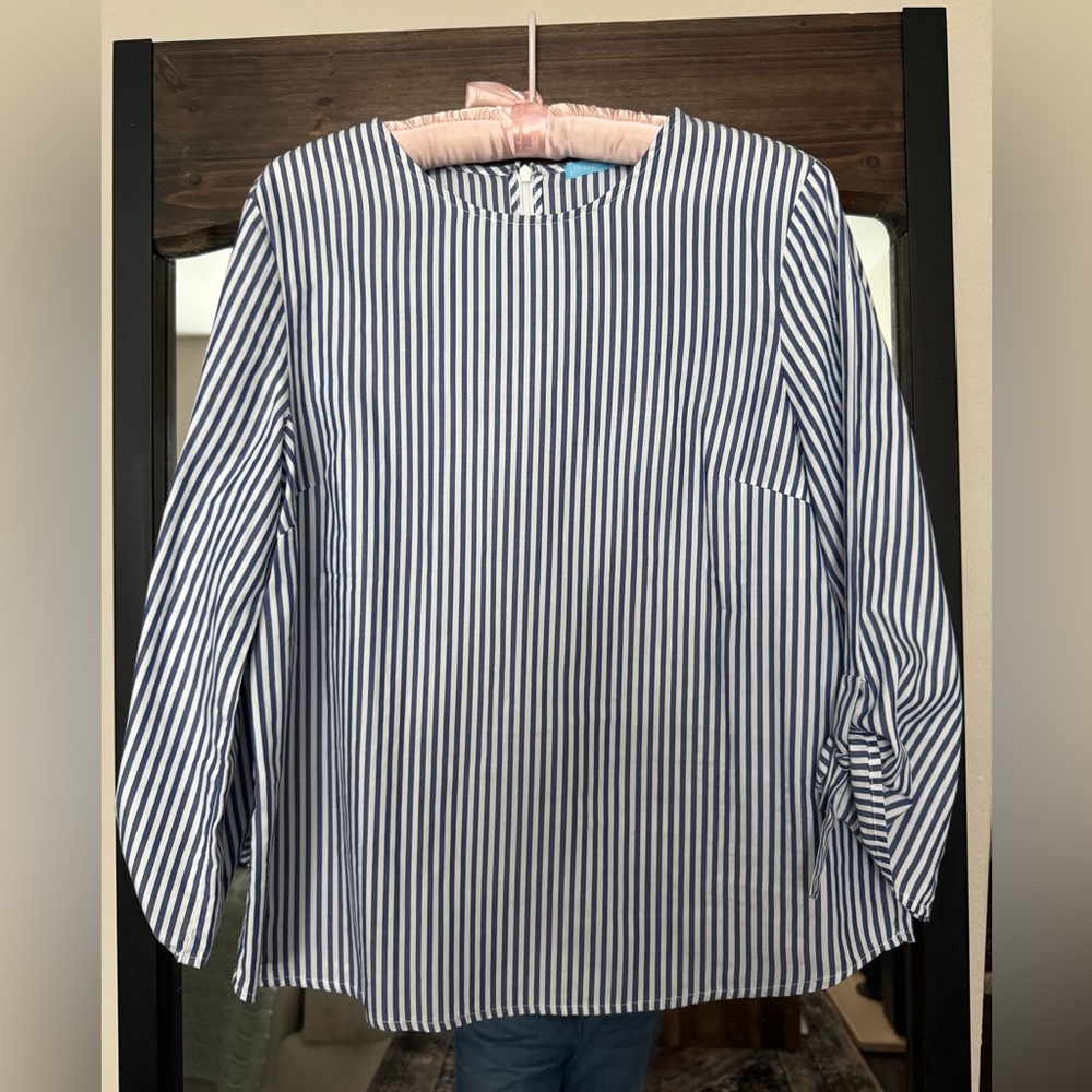 J. McLaughlin Blue White Stripe Blouse, Medium